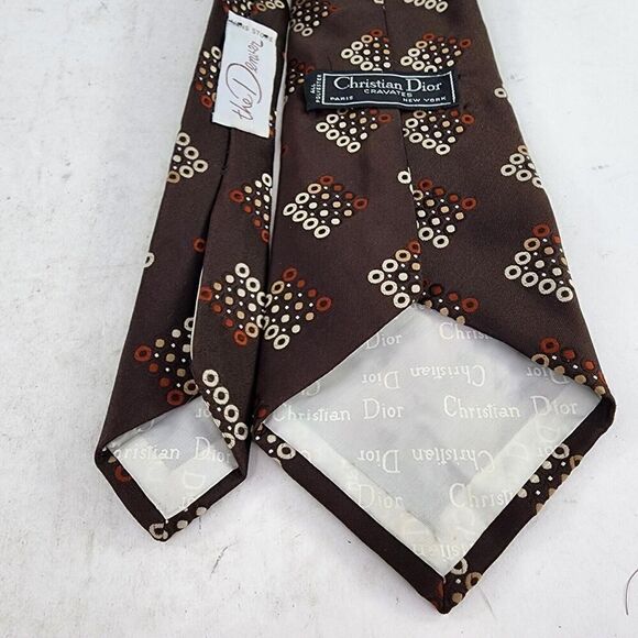 CHRISTIAN DIOR The Denver Men's Vintage Tie Brown Geometric Polyester - Picture 4 of 5